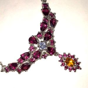 UNHEATED/NATURAL PEAR RHODOLITE GARNET-CITRINE+TANZANITE 925 STERLING NECKLACE